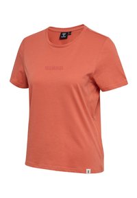 Coral short-sleeve cotton t-shirt with round neckline, subtle embossed "Hummel" logo on chest, and small branded tag at hem.