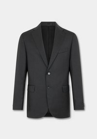 Blazer da uomo grigio scuro realizzato in tessuto testurizzato, caratterizzato da un colletto a scaldamuscolo, due bottoni, tasche laterali e una tasca sul petto. Design semplice.