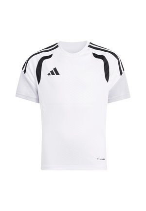 Biała sportowa koszulka z krótkim rękawem z czarnymi paskami na ramionach i czarnym logo na piersi, u dołu oznaczona napisem ClimaCool.