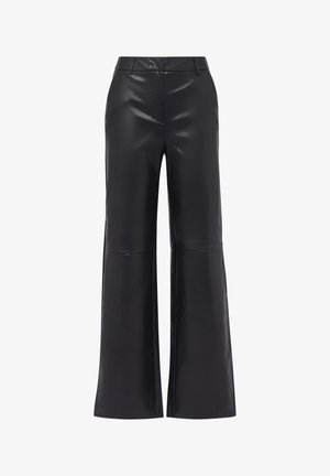 Black leather wide-leg trousers with a high waist. Features a smooth finish, minimal seams, and a relaxed fit for comfort.