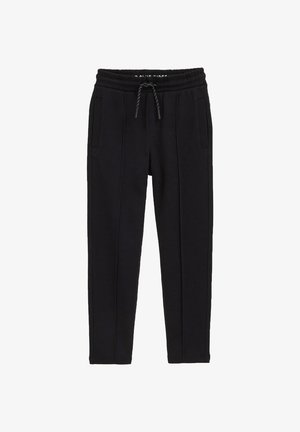 Schwarze Jogginghosen mit einem elastischen Bund, verstellbarem Kordelzug und zwei Seitentaschen; verfügen über ein tailliertes Bein-Design und gestickte Akzente.