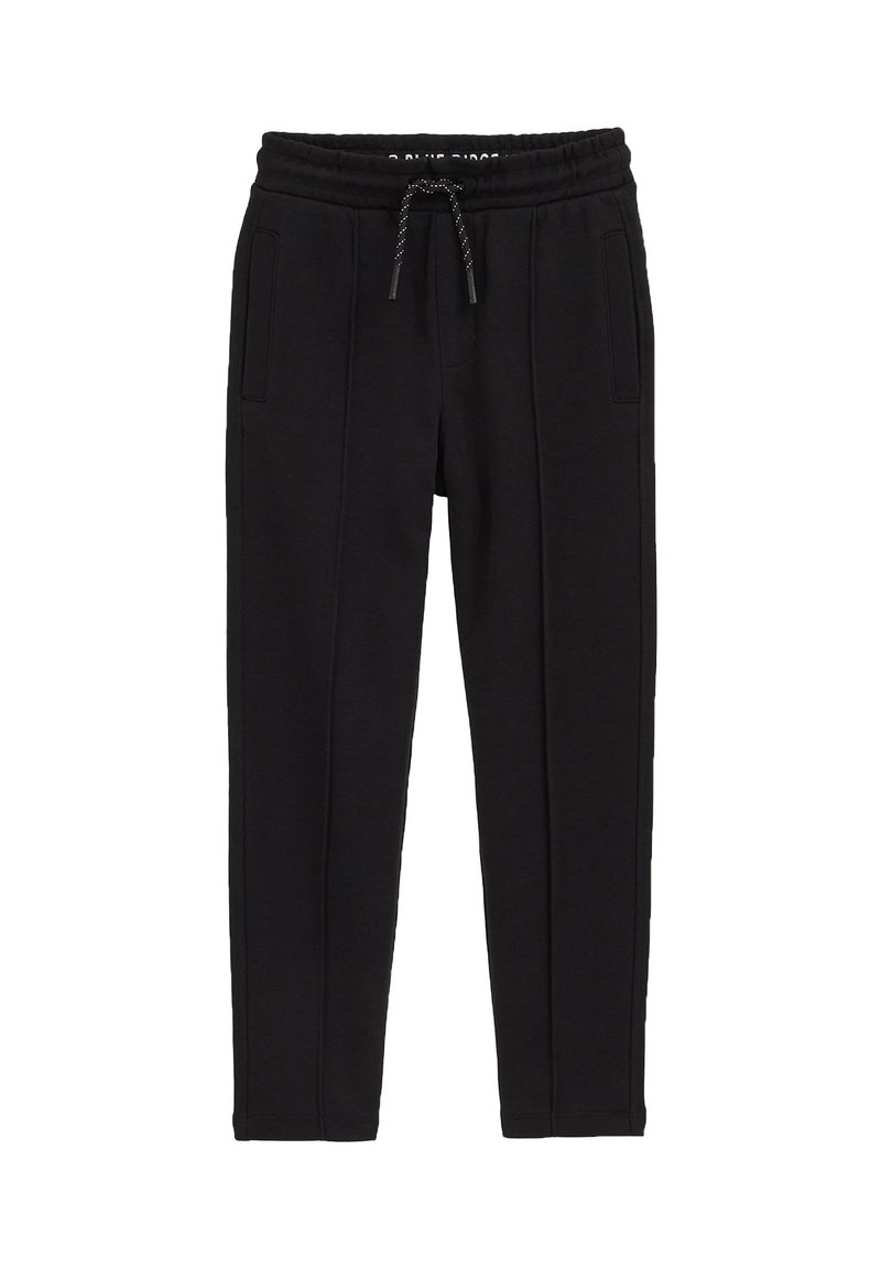 Melnas sporta bikses ar elastīgu jostasvietu, regulējamu saiti un divām sānu kabatām; ar sašaurinātu kāju dizainu un izšūtām detaļām.