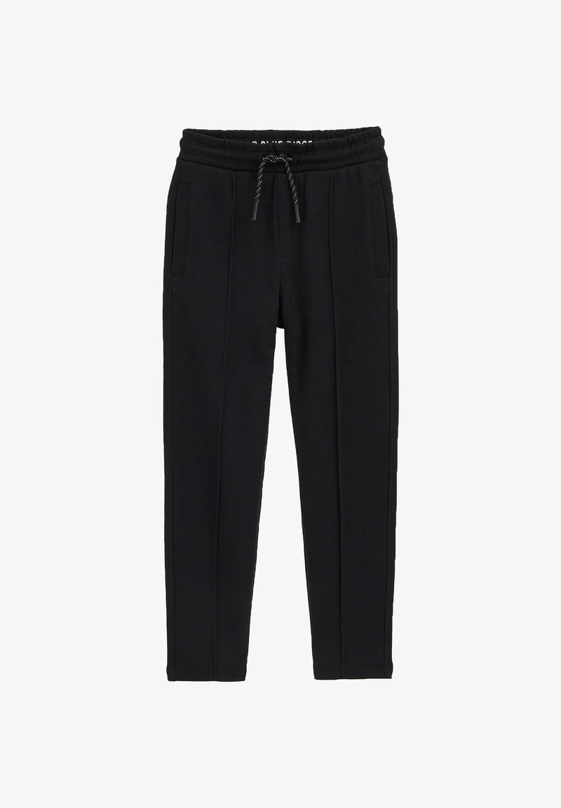 Melnas sporta bikses ar elastīgu jostasvietu, regulējamu saiti un divām sānu kabatām; ar sašaurinātu kāju dizainu un izšūtām detaļām.