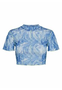 Top corto a maniche corte di colore blu chiaro con un motivo marmorizzato, dotato di un colletto alto e cuciture verdi a contrasto lungo i bordi.