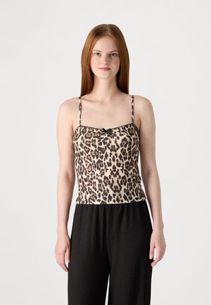 Leopard-print camisole with black adjustable straps, lace trim at the neckline, and a fitted silhouette. Fabric appears smooth and soft.