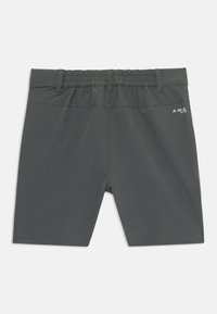 Pantalones cortos grises fabricados en material ligero, con una cintura elástica, cierre plano y un logo blanco en la parte trasera.
