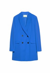 Blazer bleu à double boutonnage avec boutons noirs, revers crantés et poches latérales ; fabriqué en tissu lisse de couleur unie.