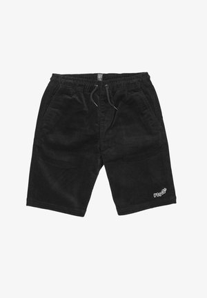 Short en velours côtelé noir avec taille à cordon et poches latérales, avec petit logo blanc sur la partie inférieure de la jambe gauche.