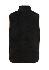 Juoda be rankovių liemenė, pagaminta iš tekstūruoto, pūkuoto audinio, su aukštu apykakle, pasižyminti švariu, moderniu dizainu ir be matomų užsegimų.