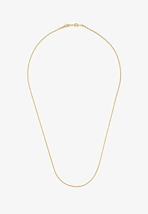 Gouden gedraaide halsketting met een sluiting. Glad oppervlak, uniforme dikte en minimalistisch ontwerp. Ideaal om te combineren.