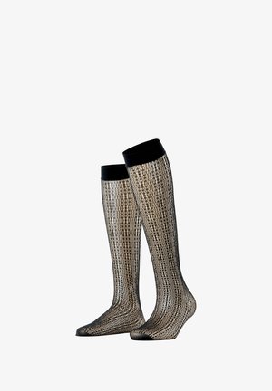 Chaussettes noires montantes jusqu'aux genoux avec un motif transparent et un bord noir uni. Tissu texturé offrant une sensation légère.
