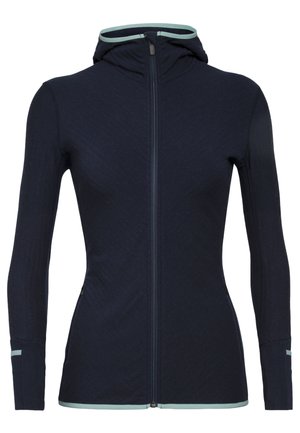 Donkerblauwe nauwsluitende hoodie met ritssluiting, lichtblauwe bies aan capuchon, manchetten en zoom, voorzien van lange mouwen en voorkantzakken.