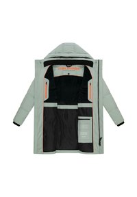 Giacca puffer grigia chiara con apertura frontale, interno nero, dettagli arancioni e numerose tasche, dotata di colletto alto e chiusura con zipper.