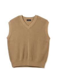 Maglione senza maniche lavorato a maglia beige con scollatura a V, texture a costine e orlo aderente. Presenta un'etichetta sul collo.