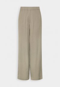 Wide-leg trousers in a muted olive green color. Made from soft fabric with an elastic waistband, featuring a smooth texture and clean lines.