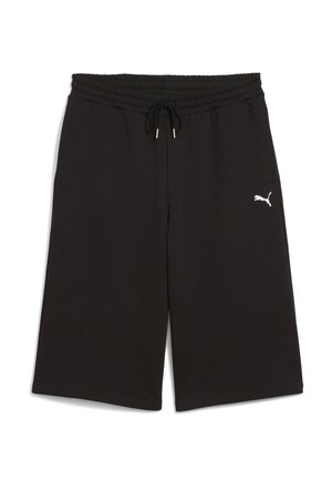 Zwarte sportshorts gemaakt van zacht materiaal met een elastische tailleband en een verstelbaar trekkoord. Beschikt over een klein wit logo aan de linkerkant.