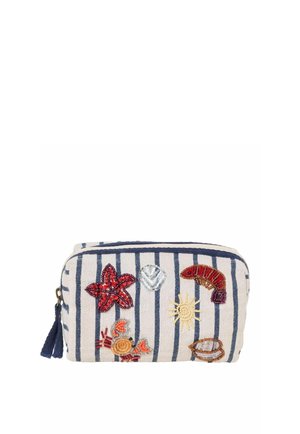Striped fabric pouch with navy blue vertical lines, decorated with beaded sea creatures, shell, sun, and a tassel zipper pull.
