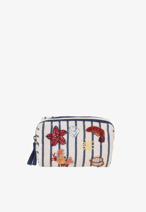 Striped fabric pouch with navy blue vertical lines, decorated with beaded sea creatures, shell, sun, and a tassel zipper pull.