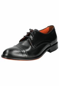Scarpa nera in pelle con lacci, punta rotonda, dettaglio a punta e interno arancione. Presenta una finitura liscia e un tacco leggero.