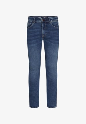 Jeans in denim blu scuro con una vestibilità dritta, cinque tasche e chiusura a bottoni. Il tessuto presenta una texture leggermente scolorita.