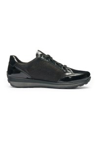 Black low-top sneaker with textured fabric sides, glossy toe and heel accents, lace-up closure, and cushioned grey sole.