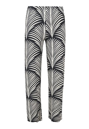 Schwarz-weiße Hose mit einem Palmenblattmuster, aus leichtem Stoff, mit geradem Bein und elastischem Bund.