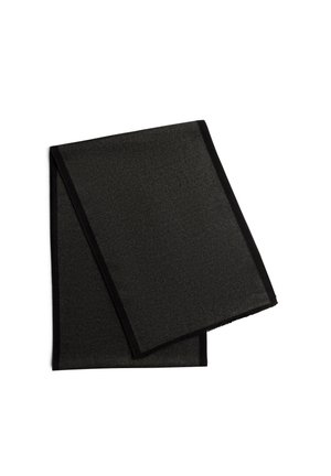 Black scarf made of a textured fabric, featuring a solid color with a black border. Rectangular shape, soft appearance with frayed edges.