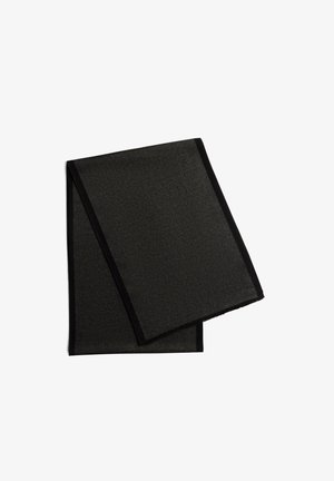 Black scarf made of a textured fabric, featuring a solid color with a black border. Rectangular shape, soft appearance with frayed edges.