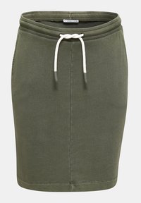 Jupe longueur genoux couleur olive avec taille élastique et cordon blanc, en tissu doux et décontracté.