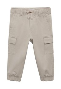Ljusbeige cargobyxor i bomull med elastisk midja, fållar och sidofickor. Slät textur med minimala sömdetaljer.
