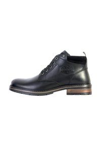 Bottine en cuir noir avec un bout arrondi, un laçage et un col en tissu texturé. Elle présente un talon effet bois et un détail de logo embossé.