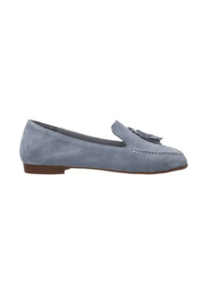 Light blue suede loafers with a flat heel, featuring a decorative tassel and stitching along the edge, offering a smooth, textured finish.