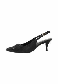 Mustat mokkanahkaiset slingback-kengät, joissa on ter�ävä kärki, leikkausten yksityiskohtia ja matala stiletto-korko. Solkikiinnitys säädettävässä hihnassa.