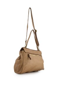 Tan leather handbag with soft texture, semi-structured shape, dual shoulder straps, and a front zip pocket with gold hardware accents.