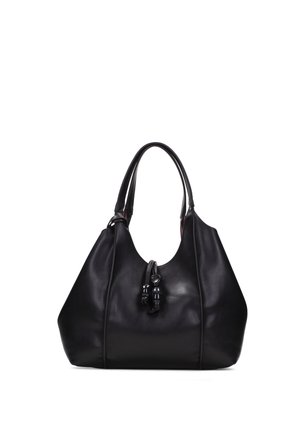 Schwarze Lederhandtasche mit doppelten Griffen und dekorativen Quasten vorne, präsentiert vor weißem Hintergrund.