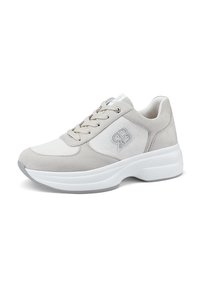 Scarpa sportiva grigia chiara con tomaia in suede e mesh, punta rotonda, chiusura con lacci, collare imbottito e suola bianca spessa. Logo ricamato sul lato.