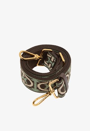 Cinghia in tessuto intrecciato marrone e teal con motivi geometrici. Presenta clip in metallo color oro e un dettaglio in pelle per un tocco aggiuntivo.