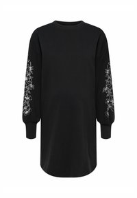 Mustast kangast pikkade varrukatega dress-särk. Varrukatel valge lillemustriline tikand, soonikkoes mansetid ja ümar kaelus. Sile tekstuur.