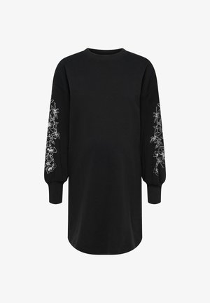 Sort sweatshirt-kjole med lange ærmer. Har hvid blomsterbroderi på ærmerne, ribstrikkede manchetter og en rund halsudskæring. Glat tekstur.