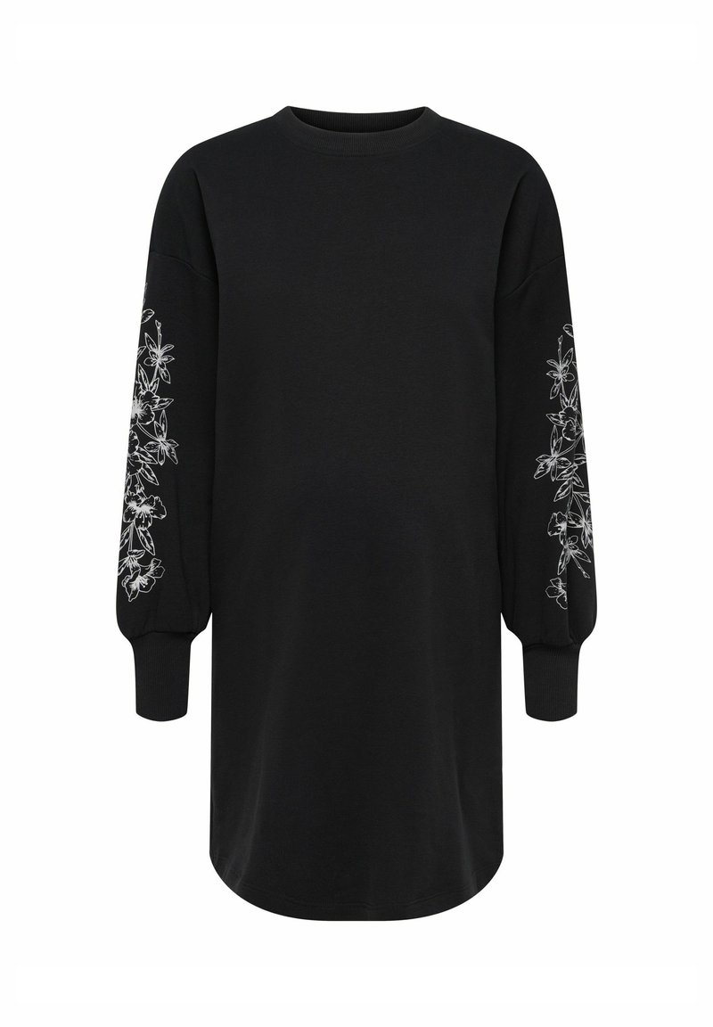 Mustast kangast pikkade varrukatega dress-särk. Varrukatel valge lillemustriline tikand, soonikkoes mansetid ja ümar kaelus. Sile tekstuur.