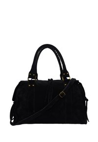 Sac à main en suède noir avec deux poignées supérieures, une bandoulière réglable, des accessoires en métal doré et une fermeture à cordon à l'avant.