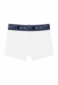 Boxer en coton blanc avec une taille élastique marine portant le texte "MINOTI" en blanc. Texture lisse avec un design ajusté.