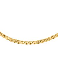 Collana in oro con catena caratterizzata da anelli ovali intrecciati. Texture liscia con una finitura lucida, che enfatizza il suo aspetto brillante.
