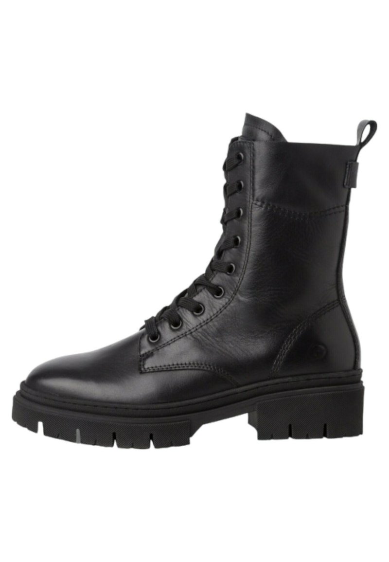 Bottines en cuir noir à lacets avec un bout rond, finition texturée et semelle en caoutchouc épaisse, dotées d'une languette au col pour un enfilage facile.