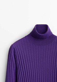 Paarse geribbelde coltrui met gestructureerde stof en een aansluitend silhouet, voorzien van een hoge kraag en lange mouwen.