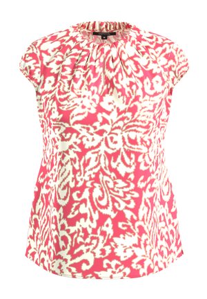 Koszulka z krótkim rękawem w różowo-białym wzorze kwiatowym, z marszczonym dekoltem i gładką fakturą materiału.