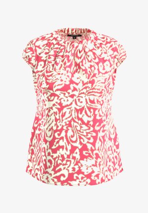 Koszulka z krótkim rękawem w różowo-białym wzorze kwiatowym, z marszczonym dekoltem i gładką fakturą materiału.