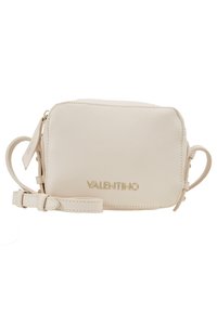 Béžová kožená kabelka přes rameno se zlatým logem "Valentino", obdélníkový tvar, hladká textura, nastavitelný popruh a zipové zapínání.