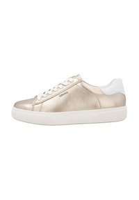 Metallic gold sneakers with a smooth texture, white accents, and flat white rubber soles. Features white laces and branding on the side.