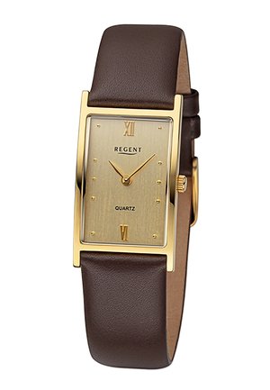 Gold-tone rectangular watch with a textured beige face, brown leather strap, and minimalist hour markers including Roman numerals at 12 and 6.